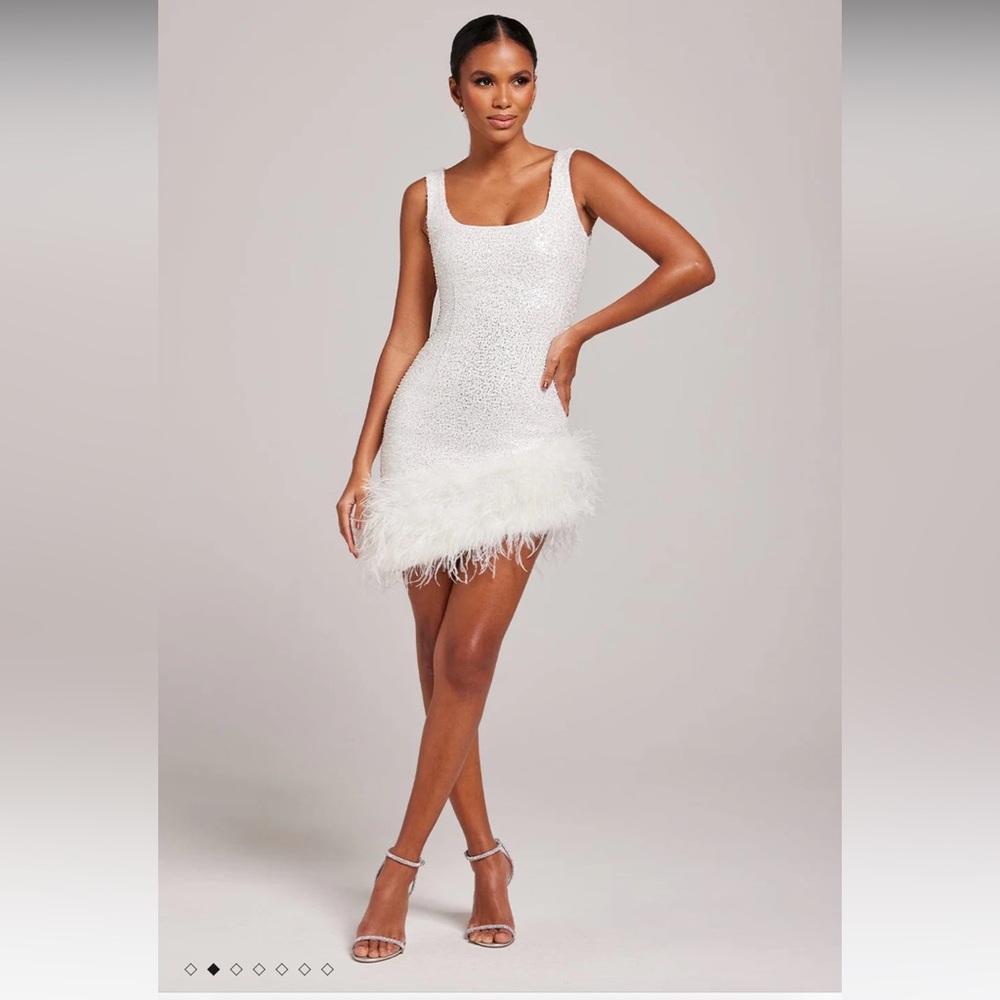 Nadine Merabi Evie White Dress Feather Sequin